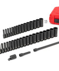 Pro Grade Three Eighths Inch Drive Deep Six Point Impact Socket Set, 37-Piece Pack with red case, sockets and accessories visible.