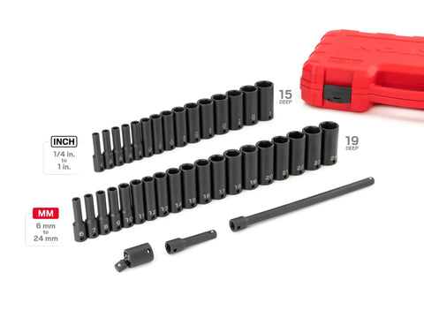 Pro Grade Three Eighths Inch Drive Deep Six Point Impact Socket Set, 37-Piece Pack with red case, sockets and accessories visible.