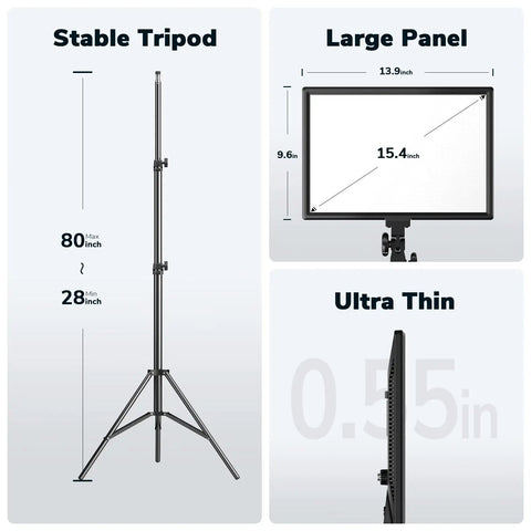 Bi Color LED Video Light Panel 15.4 Inch Two Pack 45W 3000K to 8000K Dimmable Photography Lighting with tripod and dimensions