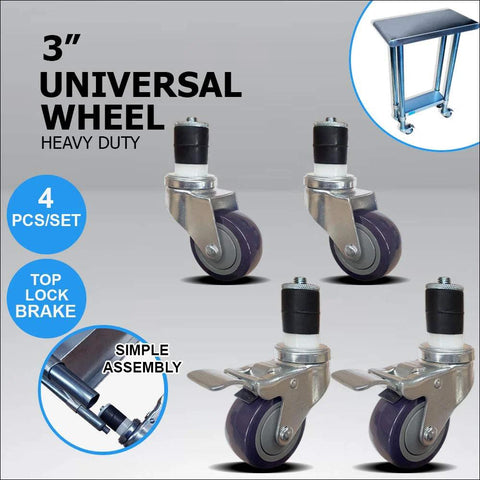 Front view: 4-pack 3-inch universal caster wheels with top-lock brakes for stainless steel work tables