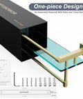 Pro Grade 20 Inch Wall Mount Glass Shelf with Towel Rack in brushed gold with black box and installation kit visible.