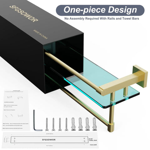 Pro Grade 20 Inch Wall Mount Glass Shelf with Towel Rack in brushed gold with black box and installation kit visible.