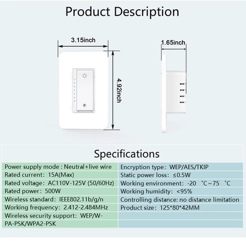 Smart Wi Fi Dimmer Switch 2 Gang For Alexa And Google Assistant with specs on dimensions and power requirements