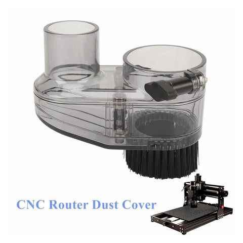 Badass 52Mm Cnc Dust Shoe Paired With A 38Mm Vacuum Hose And Heavy Duty Magnetic Mount Adjustable Height, clear ABS body with dual ports.