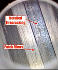 Rifle Borescope Kit With Flexible 45 Inch Cable For Visual Barrel Inspection Of 20 Caliber And Larger Firearms Includes 3 Right Angle Mirrors And Carrying Case Great For Hunting Cleaning And Diagnosing Barrel Issues. close-up of rifle barrel firecracking and patch fibers