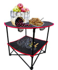 Two Tier Folding Camping Table With Carry Bag And Four Cup Holders, displaying apples, cherries, and fries, lightweight design.
