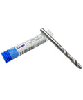 Solid Carbide Jobber Drill Bit With Straight Shank, 118 Degree Point, Quarter Inch Diameter, shown with packaging