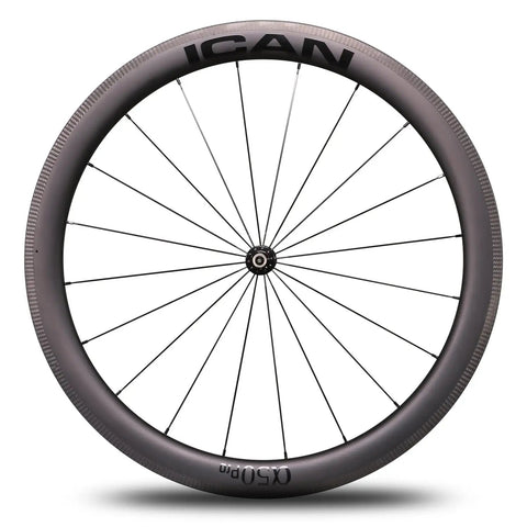 Ultra Light Carbon Road Wheelset 700C Rim Brake front view, T700 T800 carbon fiber, Cold Forge hubs, 20-24 hole rims.