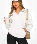 Woman in Women Half Zip Oversized Sweatshirt Fleece Hoodie With Plush Lining Cozy Long Sleeve Pullover Top For Fall Travel