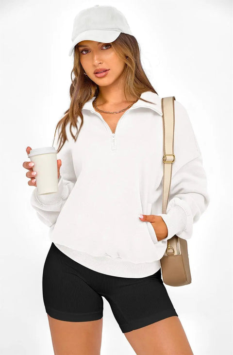 Woman in Women Half Zip Oversized Sweatshirt Fleece Hoodie With Plush Lining Cozy Long Sleeve Pullover Top For Fall Travel