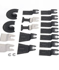 18 Piece Oscillating Multitool Blades Set With Universal Fit For Most Brands shown with high carbon steel and bi-metal blades