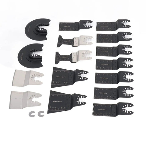 18 Piece Oscillating Multitool Blades Set With Universal Fit For Most Brands shown with high carbon steel and bi-metal blades