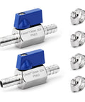 Two Pack 1/2 Inch Hose ID Barb Mini Ball Valve Kit With Stainless Steel Body And Clamps For Water Oil Gas Systems Built Tough