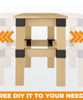 Heavy Duty Workbench Bracket Kit 12 Pc Three Way Right Angle Corner Braces For DIY Built To Last For Standard 2x4 Lumber Actual One And A Half By Three And A Half Inches Steel Frame Building Plates For Workbench Table Shelving Garage Storage shown assembled on light wood frame with orange DIY text.