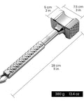 Dual-Sided Meat Tenderizer Tool With Flat Pounder And Textured Surface, Non-Slip Grip, Heavy-Duty Stainless Steel showing dimensions