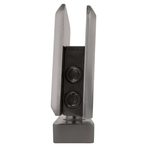 Front view of Senior Prima 01 Glass Hinge Top Or Bottom Mount Satin Chrome for frameless showers and cabinets, 1/2 in tempered glass support.