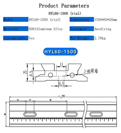 Premium X Axis Platform Precision Translation Stage For Optical Experiment Bench HYL60-1500 dimensions and specifications.