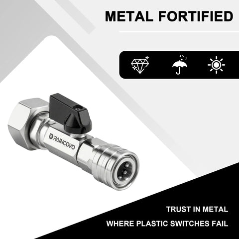 Garden Hose Shut Off Valve To Pressure Washer Adapter Three Quarter Inch GHT To One Quarter Inch Quick Connect metal design.