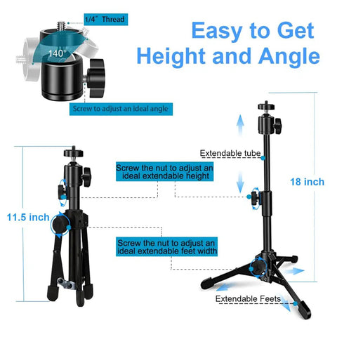 Extendable Webcam Tripod Stand For Desk Mount Ultra Sturdy Metal Frame With Non Slip Base, illustration of adjustable features