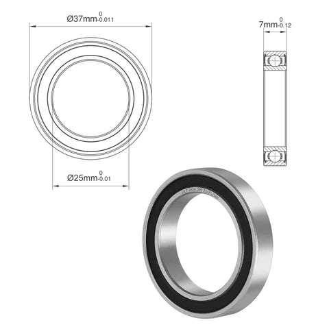 Diagram with dimensions and angle view of Ten Piece Set Of 6905 2RS Ball Bearings 25x42x9mm Thin Section Double Rubber Sealed Bearing