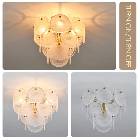 Modern Flush Mount Glass Ceiling Light In Gold Finish, 4 Light Vintage Chandelier with geometric round glass shades on and off