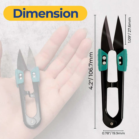 4.2 Inch Ultra Sharp Sewing Scissors With Wide Handle For Easy Grip Thread Snips Two Pack next to hand for size comparison.