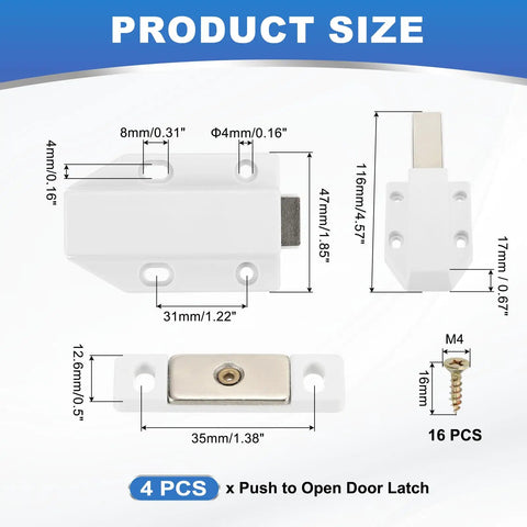 Diagram showing dimensions of 4 Pack Magnetic Push Latch For Cabinets And Drawers 4.57 By 1.85 Inches Push To Open Door Hardware
