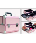 Durable Portable Aluminum Tool Box With Four Foldable Trays And Two Locking Clasps Heavy Duty Tool Chest Organizer For Garage Or Workshop Travel Ready Case With Flame Retardant Panels For Extra Strength in pink color, showing closed and open views with trays filled with tools.