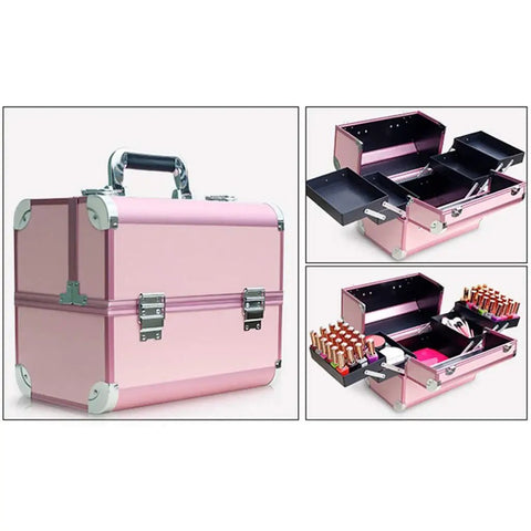 Durable Portable Aluminum Tool Box With Four Foldable Trays And Two Locking Clasps Heavy Duty Tool Chest Organizer For Garage Or Workshop Travel Ready Case With Flame Retardant Panels For Extra Strength in pink color, showing closed and open views with trays filled with tools.