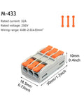 Multi In Out Wire Connector Terminal Block For Fast Tool Free Splicing Of Solid Stranded Copper Cables In Junction Boxes With Flame Retardant Pa66 Housing And Tin Plated Contacts Supporting Up to 32 Amps Perfect For Lighting Projects. M-433 3-port connector, 30x18.5x10mm