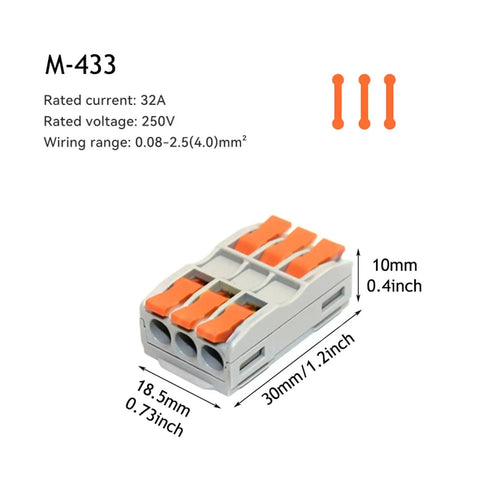 Multi In Out Wire Connector Terminal Block For Fast Tool Free Splicing Of Solid Stranded Copper Cables In Junction Boxes With Flame Retardant Pa66 Housing And Tin Plated Contacts Supporting Up to 32 Amps Perfect For Lighting Projects. M-433 3-port connector, 30x18.5x10mm