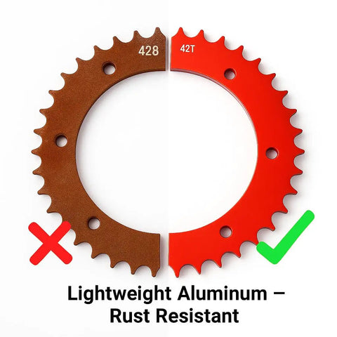 Split Sprocket 42 Tooth Sprocket For 420 Pitch Chain With No Axle Removal Design, red aluminum, rust-resistant, comparison with brown sprocket.