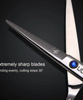 Close-up of Pro Grade 6.5 Inch Right Hand Hair Cutting Scissors Razor Edge Barber Shears with 30-degree blade angle.