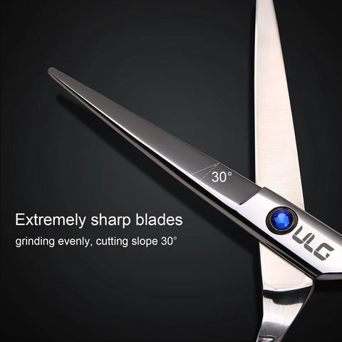 Close-up of Pro Grade 6.5 Inch Right Hand Hair Cutting Scissors Razor Edge Barber Shears with 30-degree blade angle.