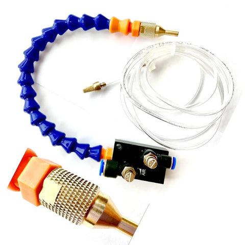BACHIN mist coolant spray system for milling machines; blue flexible hose and brass nozzle.