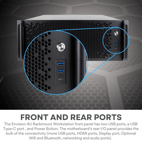 Front panel of Bad Boy 4U Rackmount Workstation showing USB ports, Type-C port, and Power button for connectivity.