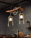 Retro Wood Pendant Lighting Fixture With Glass Shade And Black Metal Cage Frame in industrial kitchen setting
