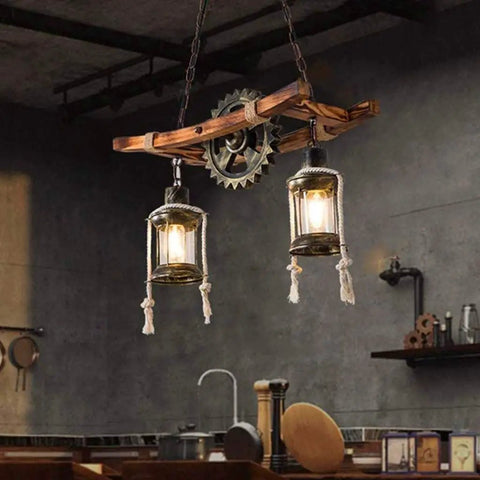 Retro Wood Pendant Lighting Fixture With Glass Shade And Black Metal Cage Frame in industrial kitchen setting