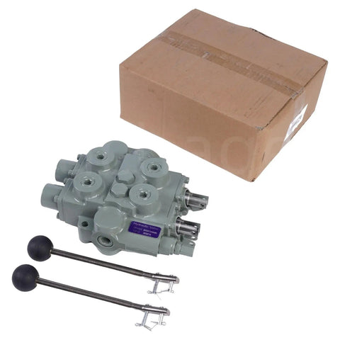 Beefy Heavy Duty Hydraulic Valve For Twin Spool Systems With 25 GPM Flow, Four Way Three Position, cast iron valve with box