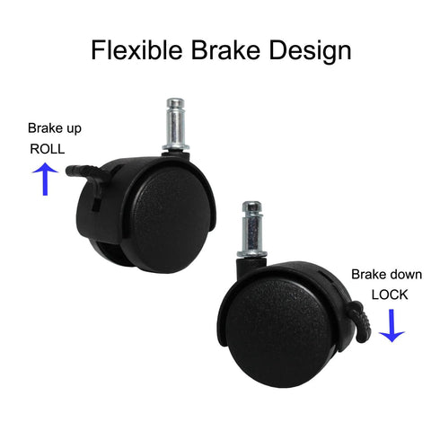 4 Pack 1.5 Inch Swivel Caster Wheels With Circlip Stem M8x20mm And Lockable Brakes, showing flexible brake design.