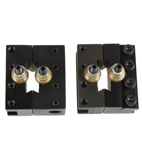Badass Slick Quick Change Mini Lathe Tool Post Holder With Four Piece Hardcore Aluminum Cutting Blade Set for Boring Turning and Facing close-up of tool post holder.