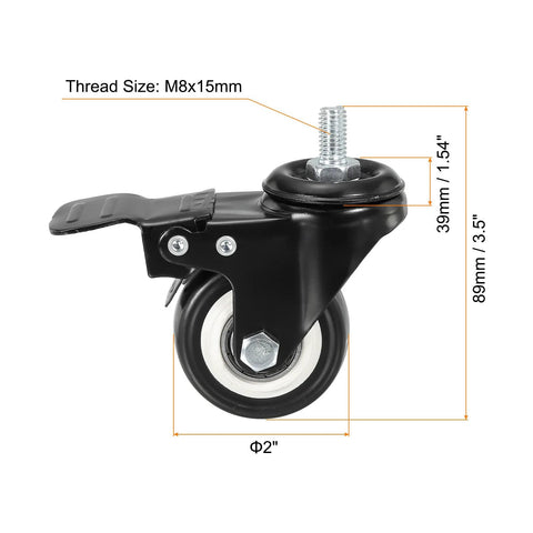 2 Inch Swivel Stem Casters With Brake PU Wheel M8x15mm Threaded Stem 1.25mm Pitch 110lbs Load Capacity Black