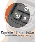 Close-up of convenient un-jam button on Hedge Master 320iHD60 cordless hedge trimmer kit with 24 inch blade brushless motor.