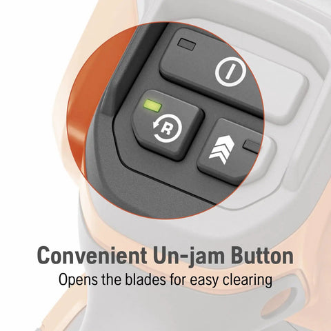 Close-up of convenient un-jam button on Hedge Master 320iHD60 cordless hedge trimmer kit with 24 inch blade brushless motor.
