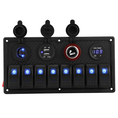 Eight Gang Rocker Switch Panel With Dual USB Outlets And Digital Voltmeter LED 12V 24V Marine Power Hub For Truck RV Boat Yacht