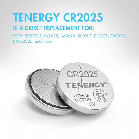 Tenergy CR2025 3V Lithium Button Battery showing top view, ideal for watches and key fobs from the Straight Up Reliable CR2025 3V Lithium Button Batteries 10 Pack.