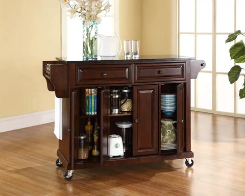 Slick Granite Top Rolling Kitchen Island Cart With Solid Mahogany Frame showcasing ample storage and drawers for kitchen organization.