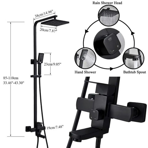 UMJIGF Matte Black Shower System with Cold and Hot Water Shower Faucet Set multifunctional design, height adjustable, includes rain shower head and handheld shower.