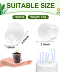 Infographic showing dimensions of 120 Pack 2 Inch Clear Mini Nursery Pots With Drainage Holes For Seed Starting And Seedlings.