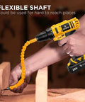 Rock Solid 20V Cordless Impact Drill Kit Featuring Knockout Power And Variable Speed Settings 18 Plus 1 Torque Adjustments Compact Build Including Battery And Charger For Daily Diy Tasks And Home Repair Hustles using flexible shaft on wood.